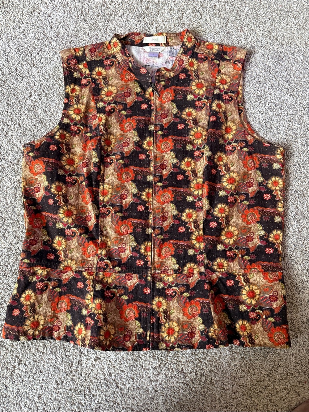 Christopher & Banks Black Floral Zip-Front Vest with Red and Gold Accents- Large